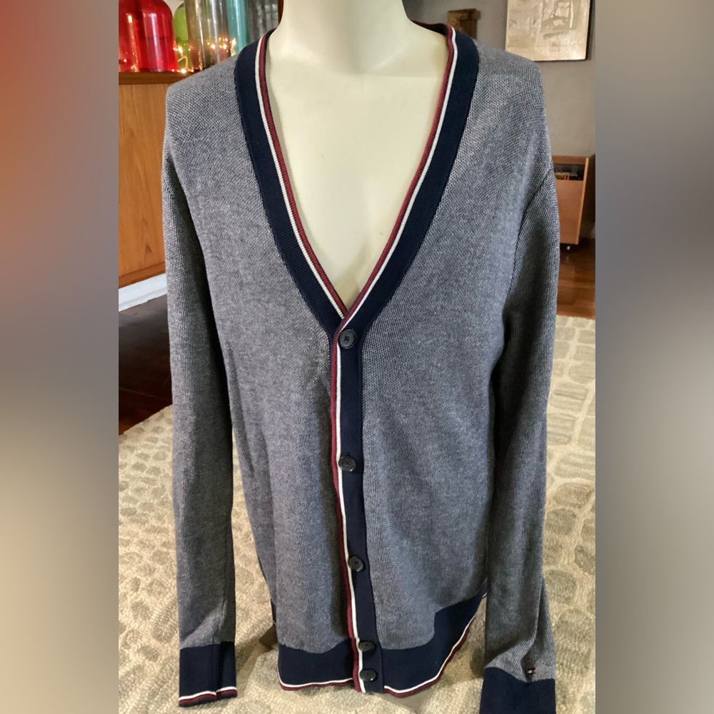 Tommy Hilfiger Men's Navy and Gray Cardigan Sweater